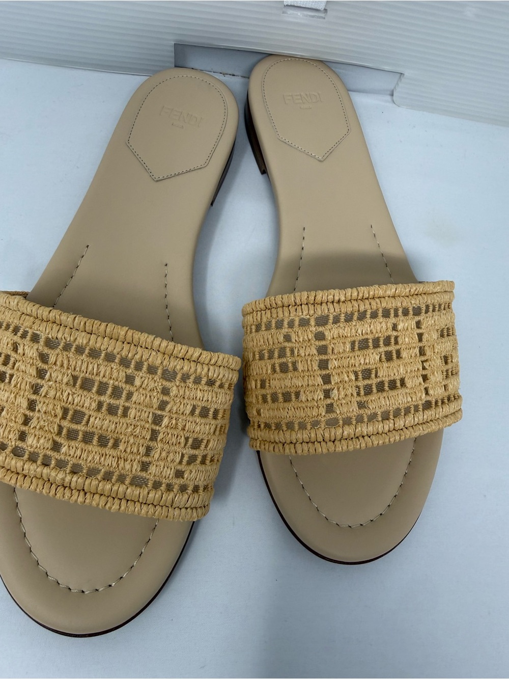 Fendi Beige Crochet Slide Sandals